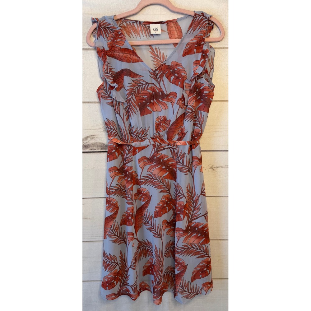 Cabi Palm Beach Dress 5381 Blue Rust Tropical Palm Leaf Ruffle V-Neck Small